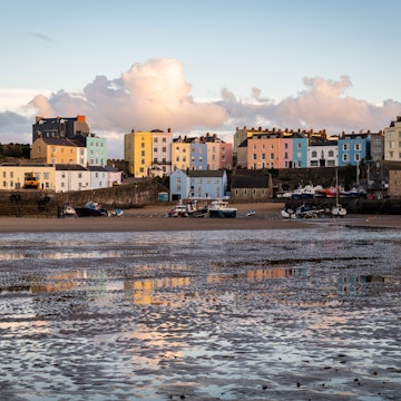 Tenby Colourful Houses and harbour at Sunset, Pembrokeshire, Wales, UK