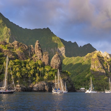 yachts anchoring in the Bay of virgins on Fatu Hiva Island, Marquesas Archipelago