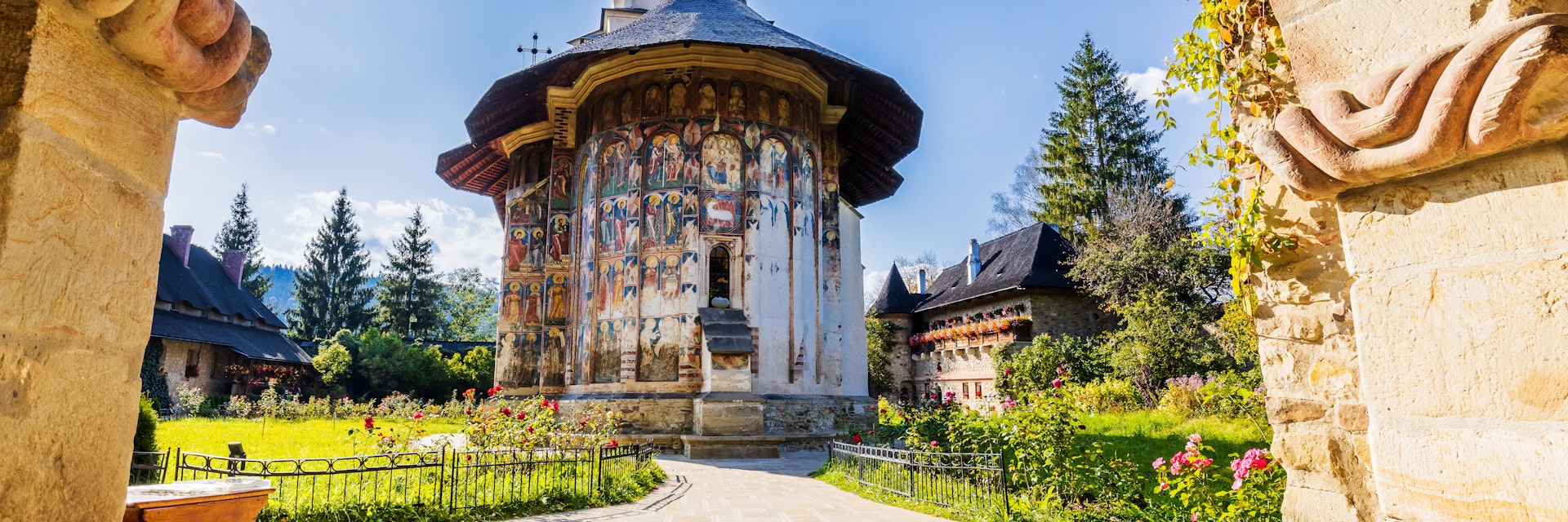 The Moldovita Monastery, Romania - September 30, 2019: One of Romanian Orthodox monasteries in southern Bucovina.