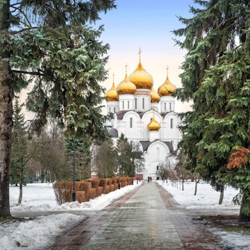 Golden-headed Assumption Cathedral in Yaroslavl among green fir trees on a cloudy winter day