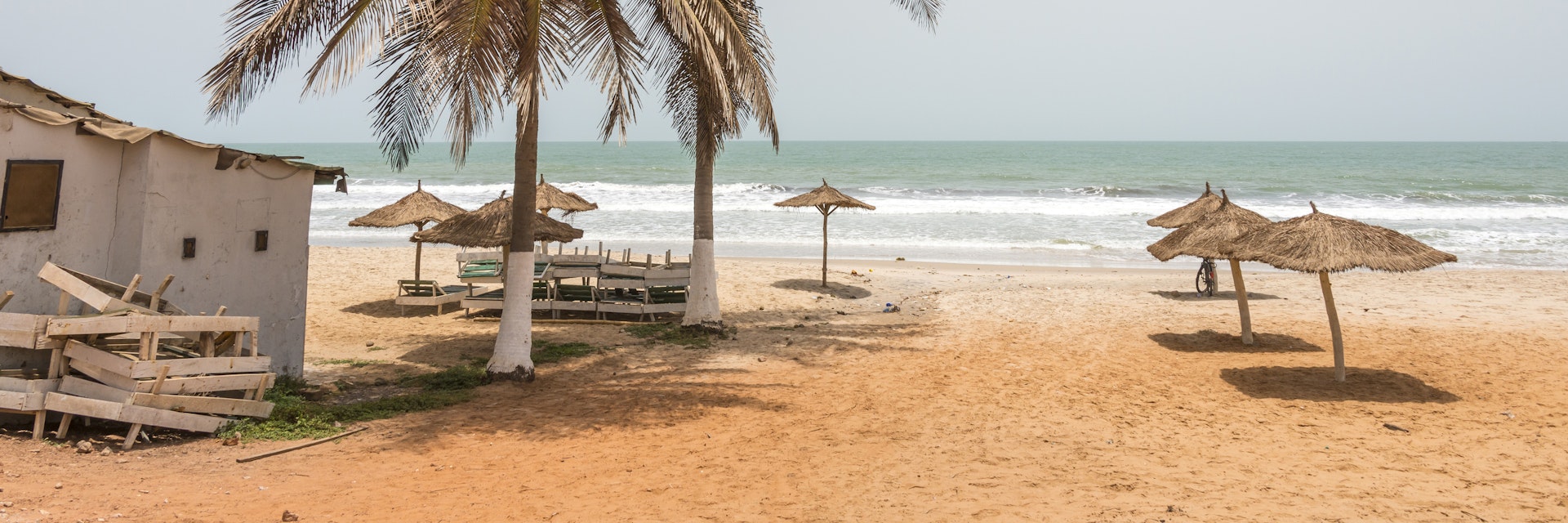 Palm trees and rustic umbrellas on a beach on the coast of Serekunda in Gambia