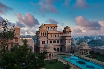 Mandawa, India - Dec 01, 2020: The Hindu style towers on the roof of Castle Mandawa, Rajasthan in India