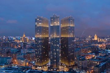 Big houses with dark facades. Moscow skyscrapers.