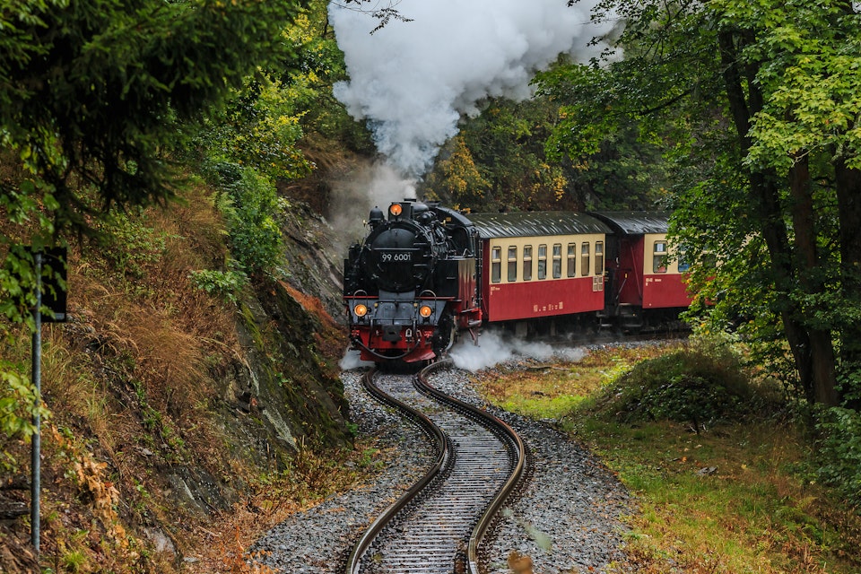 Steam locomotive with wagon in a valley in the Harz Mountains. Narrow gauge railway in the mountains in rainy autumn weather. Trees and rock face along the railroad tracks