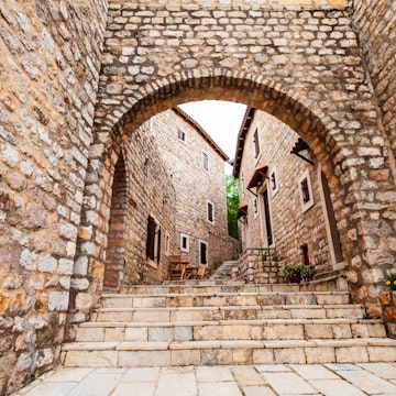 Local houses in Ulcinj Old Town or Stari Grad, an ancient castle and neighborhood in Ulcinj, Montenegro