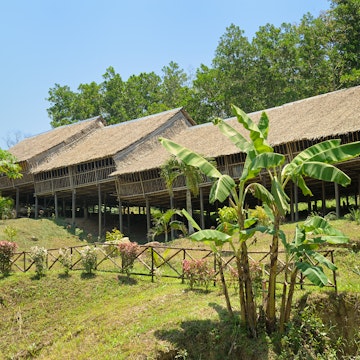Typical wooden (bamboo) longhouse in Malaysian part of Borneo, Kudat district.
