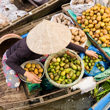 "Vietnamese fruits seller on floating market - woman selling fruit from her boat in the Mekong river delta, Vietnam."