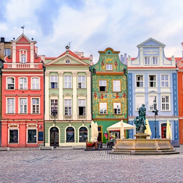 Colorful renaissance facades on the central market square in Poznan, Poland