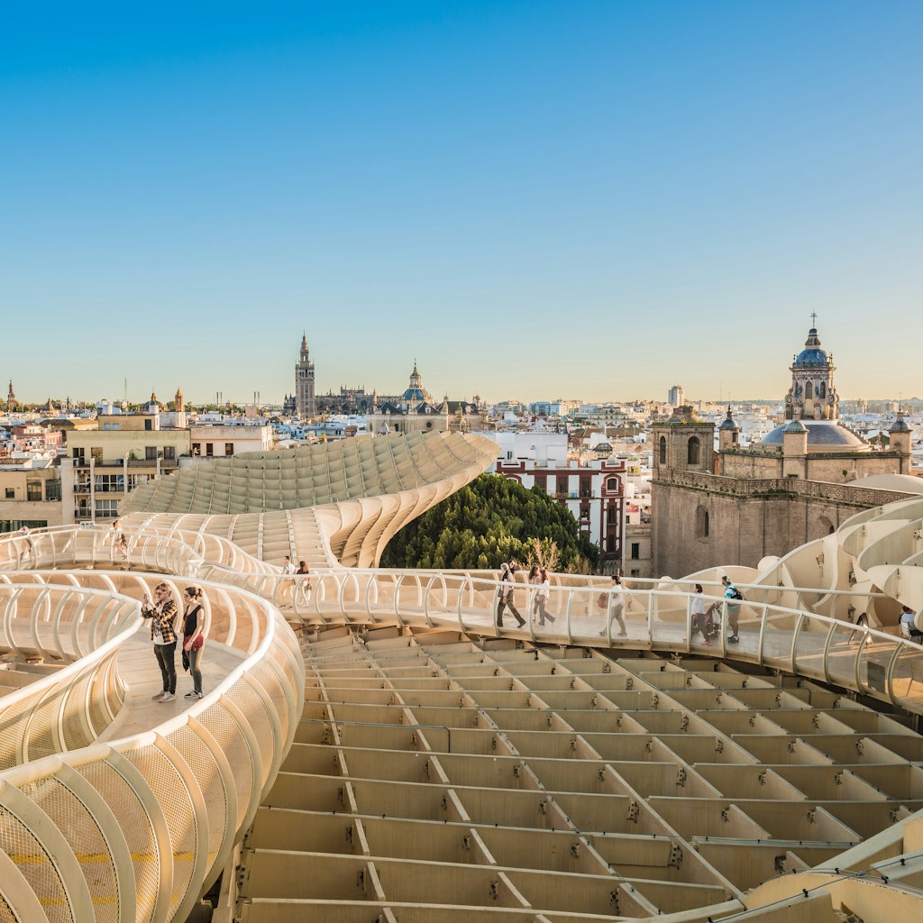 MARCH 9, 2017: The Metropol Parasol (officially called Setas de Sevilla) is a structure in the shape of a pergola made of wood and concrete.
