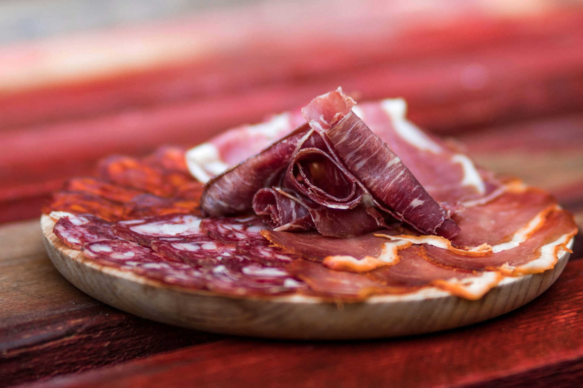 Close-up of a plate of serrano ham jamon and sausage in Spain