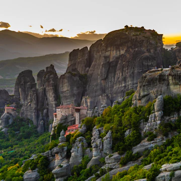Sunset over the Monasteries of Meteora in Greece.