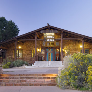 GRAND CANYON, USA - AUGUST 30: Lodge on August 30, 2007 in Grand Canyon: Entrance to the Bright Angel Lodge. Designed in 1935, the Lodge is a neuralgic point of activity in the South Rim.