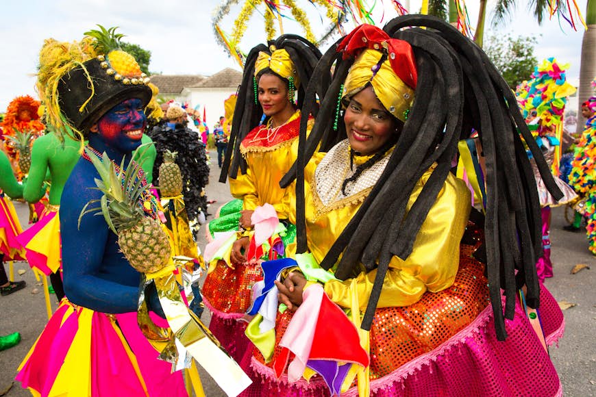 Participants in colorful costumes during the Dominican Republic's Carnaval