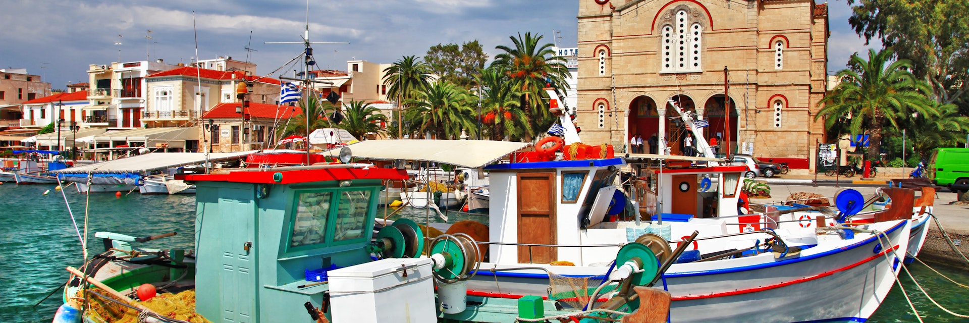 Colourful boats docked at the Port of Aegina.