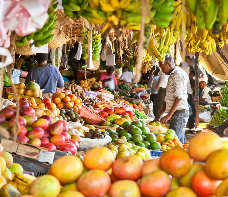 NAIROBI, KENYA- FEBRUARY 6, 2014: Ripe fruits stacked at a local fruit and vegetable market on February 6, 2014. Nairobi, Kenya.