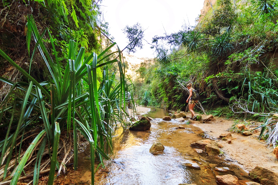 Woman hiking across a small stream in Isalo National Park. 