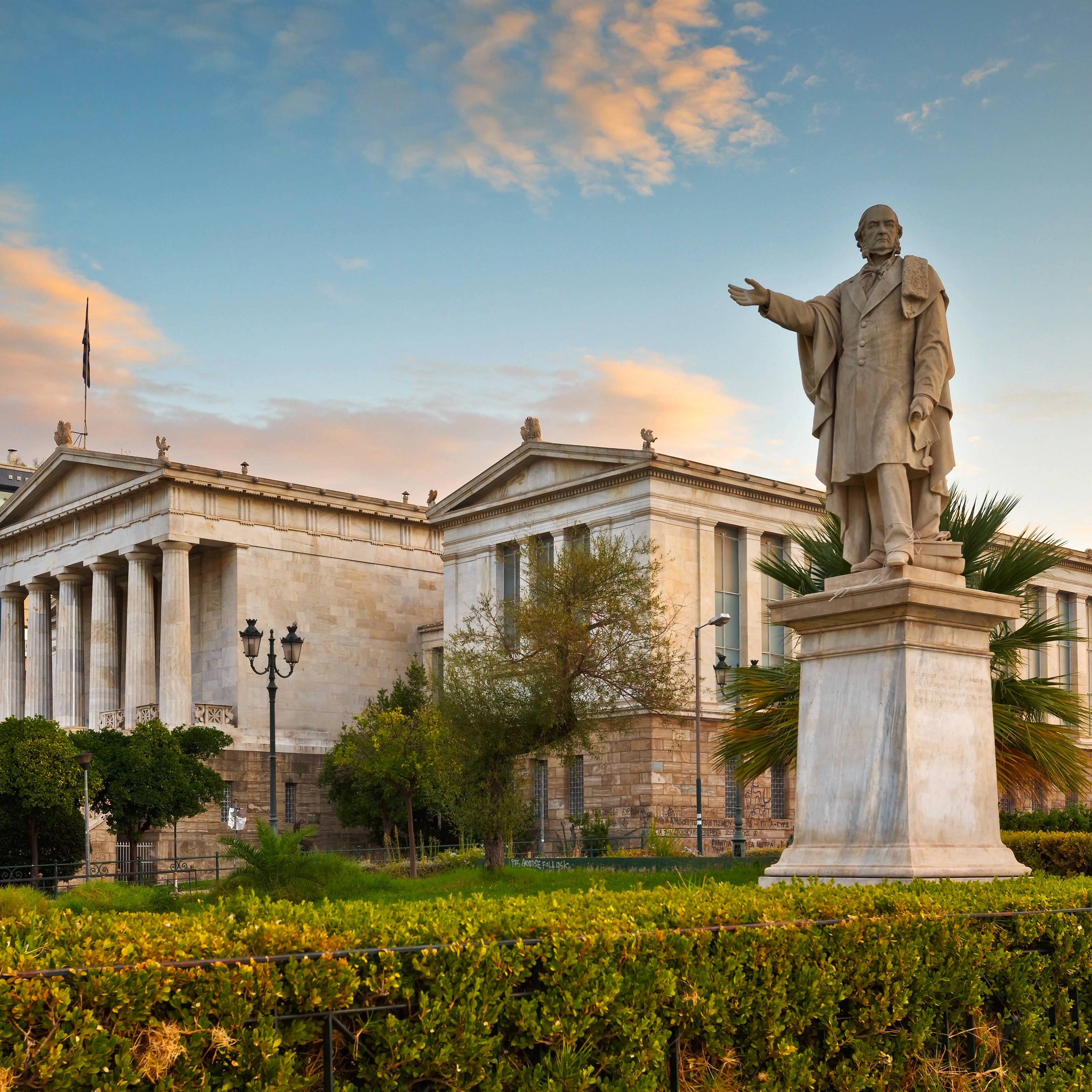 September 25, 2015: Statue at the National Library of Greece in Panepistimio.
