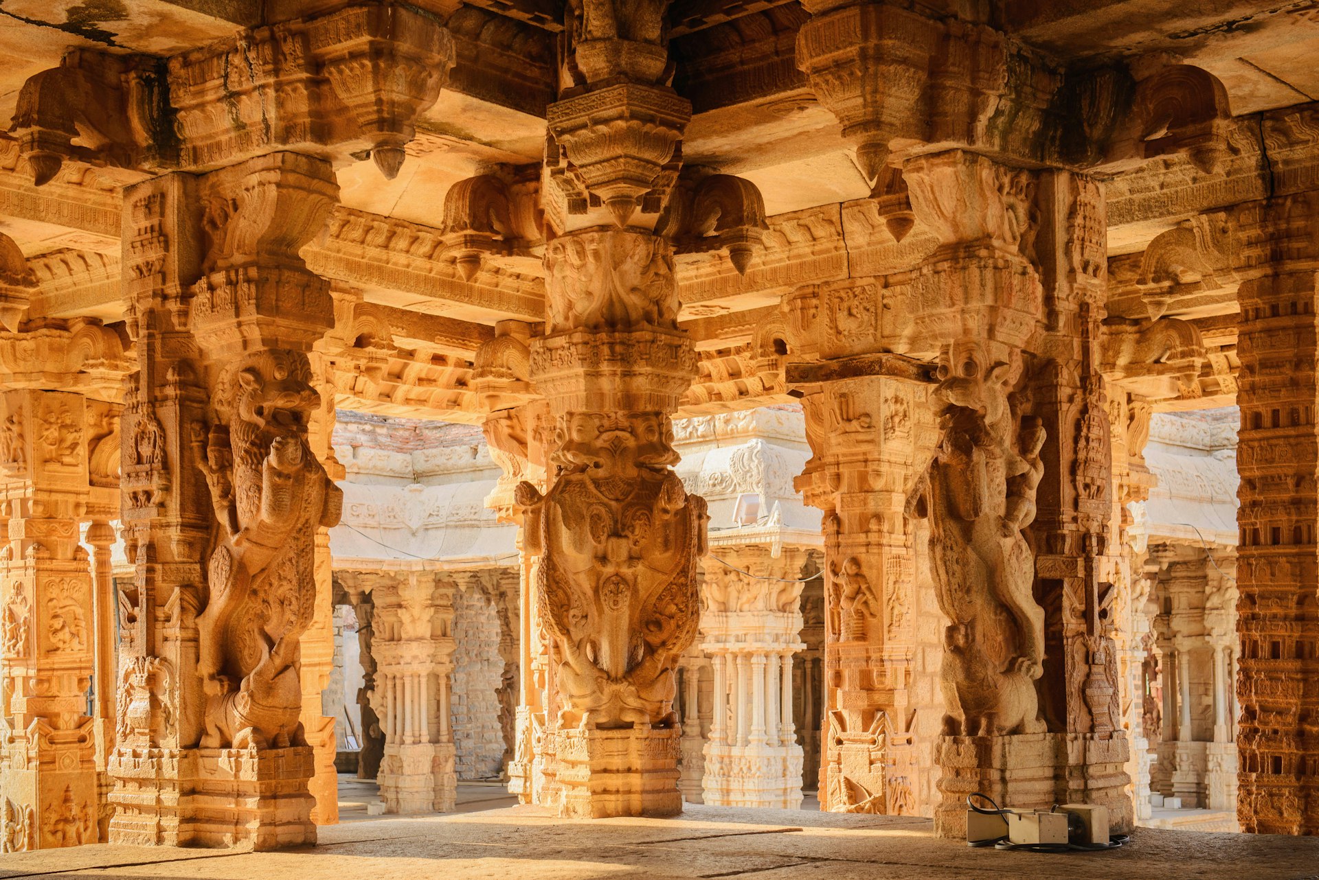 Beautiful columns at the ruins of the Vittala Temple in Hampi, Karnataka, India