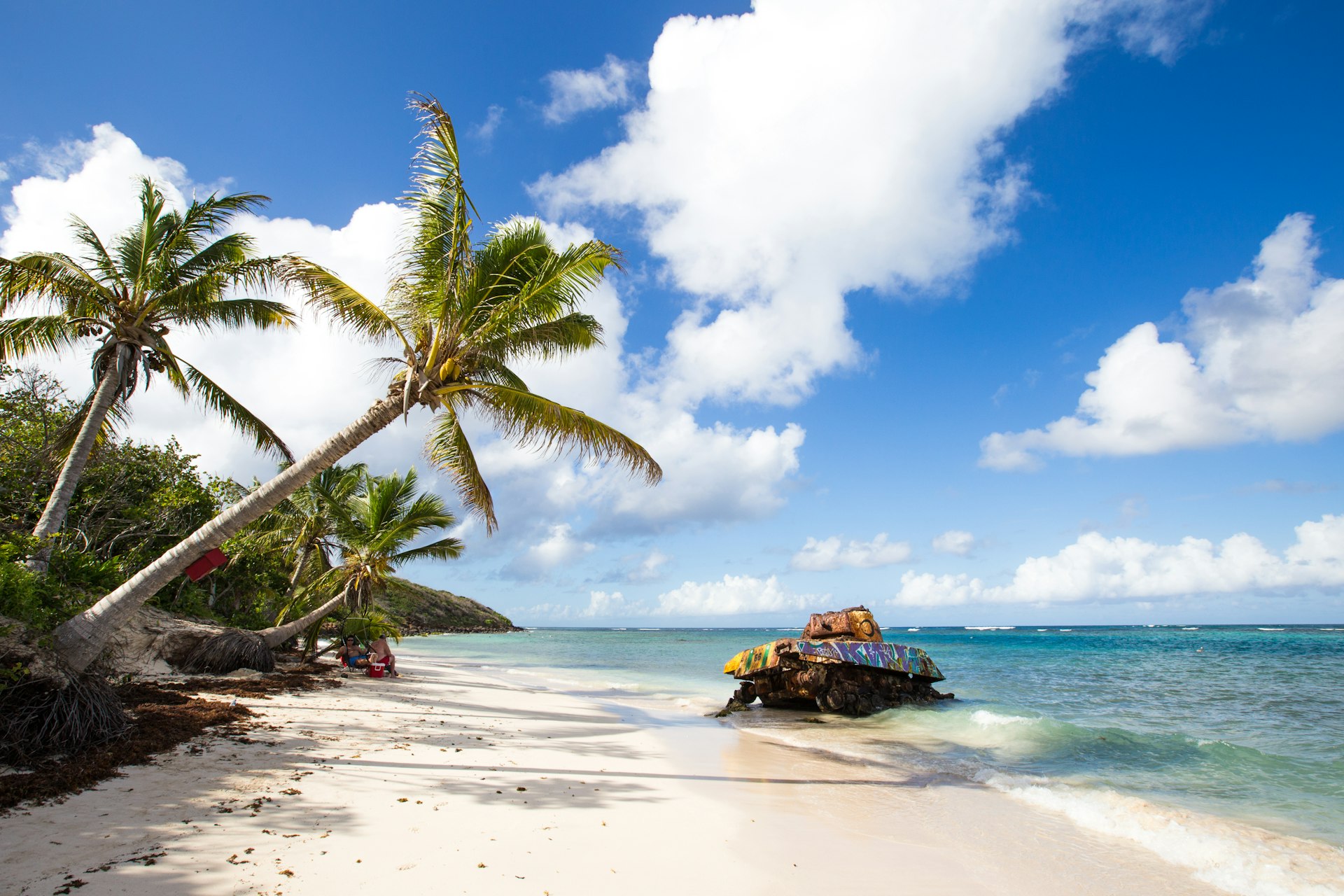 US tank and palm trees on Culebra Beach