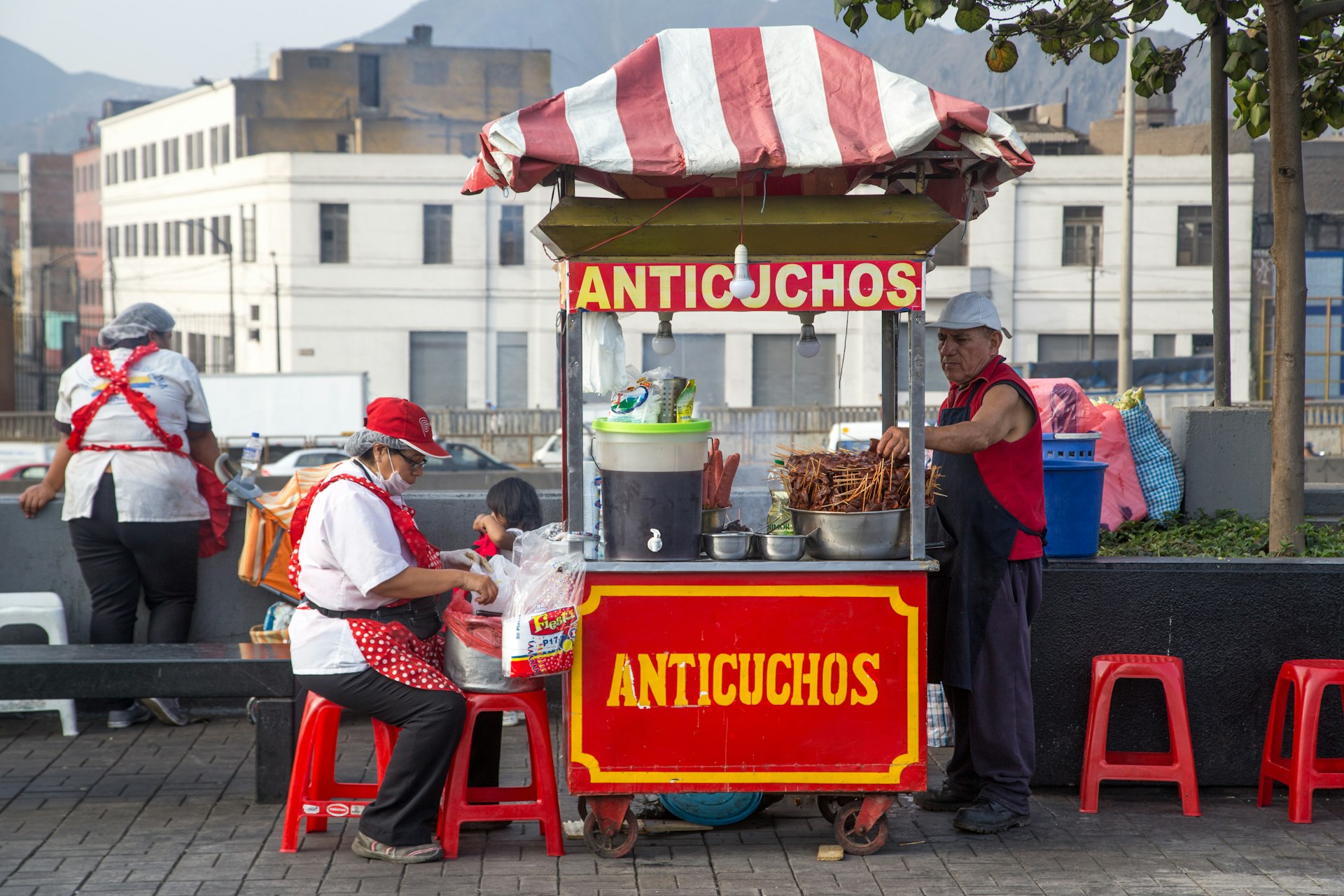 A food cart selling anticuchos in the city center of Lima, Peru