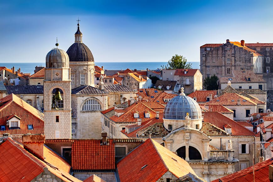Panorama of Dubrovnik Old Town roofs at sunset