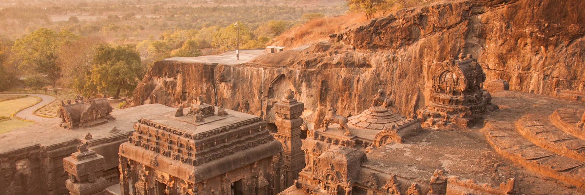 Top view of the Kailasanath Temple in Ellora Caves at sunset.
