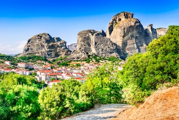 Kalabaka, Greece. City Kastraki (Kalambaka) with rocky mountains of Meteora, the landmark of six monasteries in Thessaly.