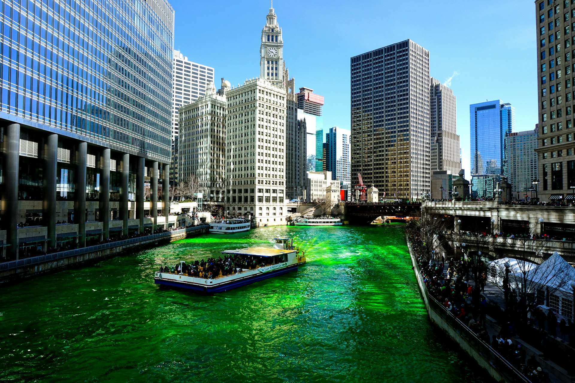 The Chicago River dyed green for St Patrick's Day