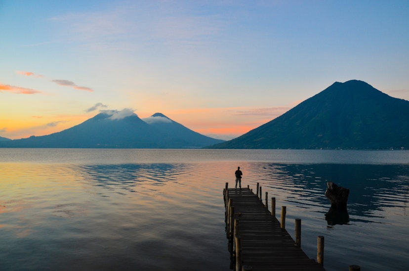 A crisp sunrise over the volcanoes of Lake Atitlan