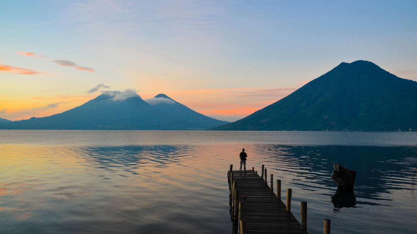 A crisp sunrise over the volcanoes of Lake Atitlan