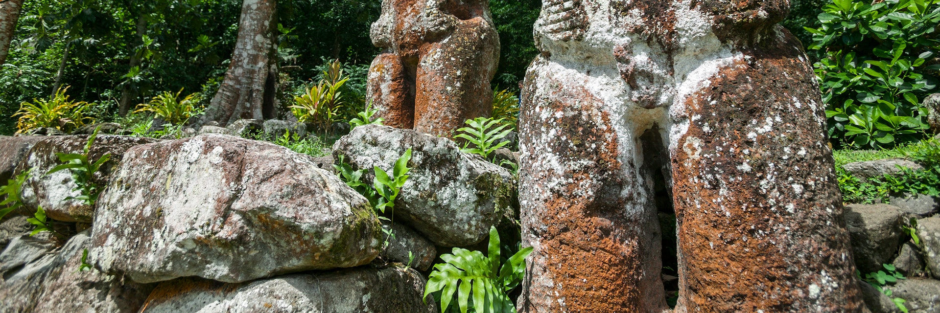 historic stone statues, so called Tikis, on Hiva Oa Island, Marquesas Islands, French Polynesia; Shutterstock ID 1108396337; your: Erin Lenczycki; gl: 65050; netsuite: Online Editorial; full: Destination