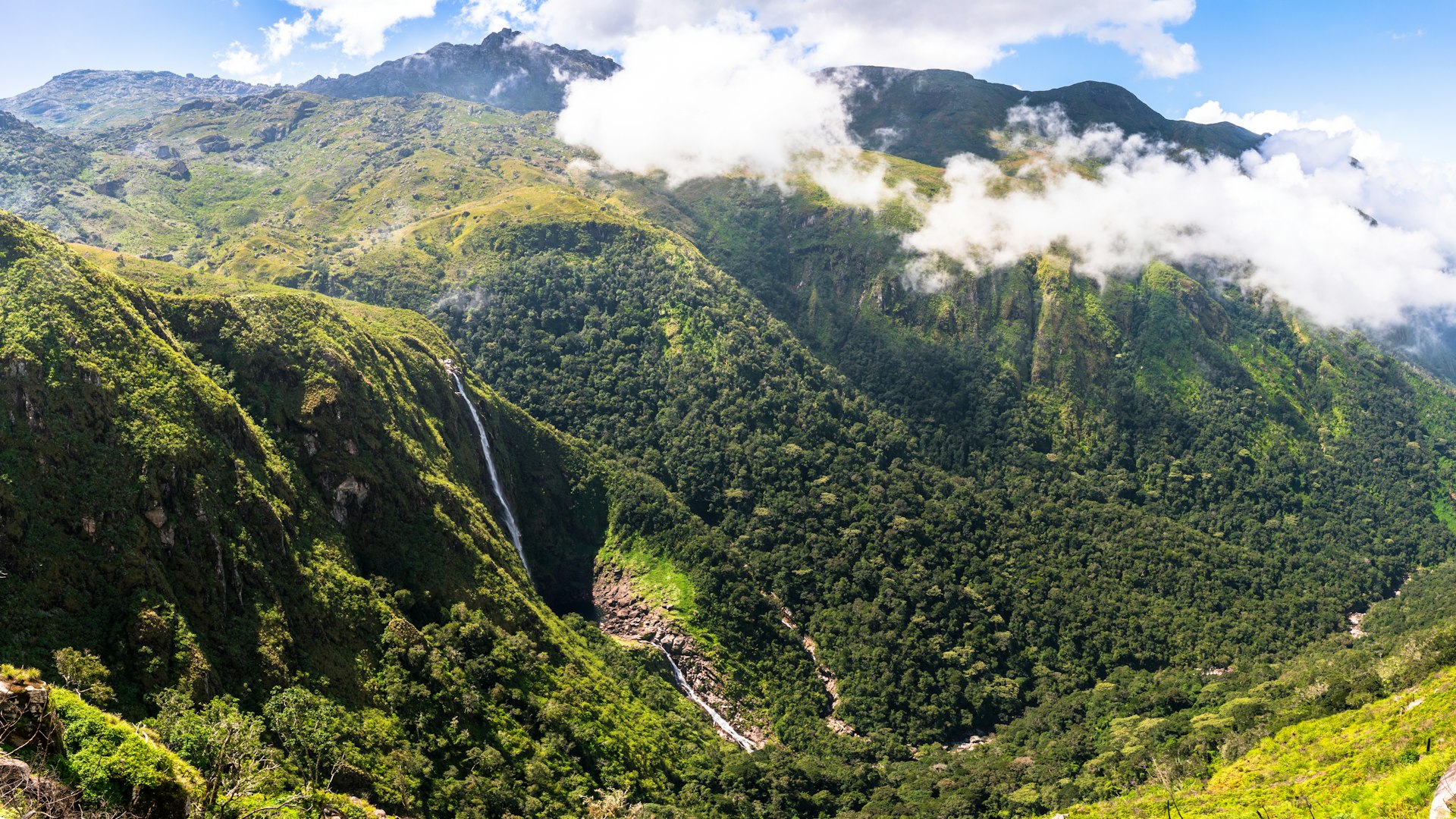 Clouds hug forested slopes with the Ruo River waterfall in the distance, Mount Mulanje