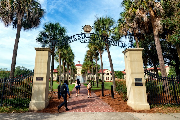 VALDOSTA, GA - OCT. 4: Students enter the front gateway at Valdosta State University in Valdosta, Ga., on Oct. 4, 2021. More than 13,000 students attend the school in south Georgia.; Shutterstock ID 2052375266; your: Brian Healy; gl: 65050; netsuite: Lonely Planet Online Editorial; full: Best things to do in Valdosta