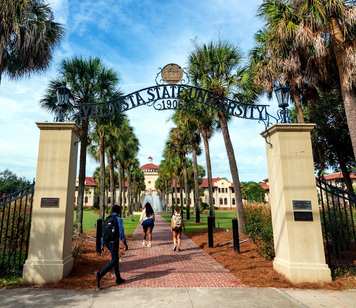 VALDOSTA, GA - OCT. 4: Students enter the front gateway at Valdosta State University in Valdosta, Ga., on Oct. 4, 2021. More than 13,000 students attend the school in south Georgia.; Shutterstock ID 2052375266; your: Brian Healy; gl: 65050; netsuite: Lonely Planet Online Editorial; full: Best things to do in Valdosta