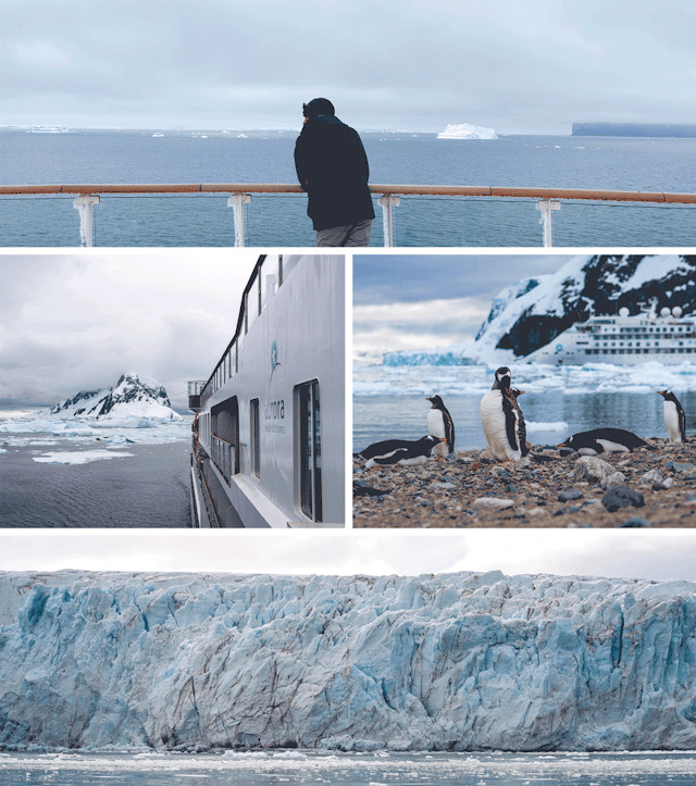 Sebastian Modak looks out from the boat, Greg Mortimer, in Antartica.