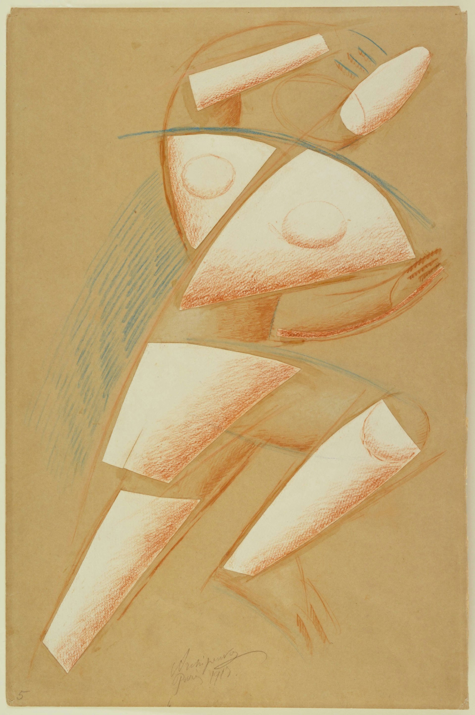 An abstract figure made from cut-and-pasted painted paper, conté crayon, and colored pencil on colored paper
