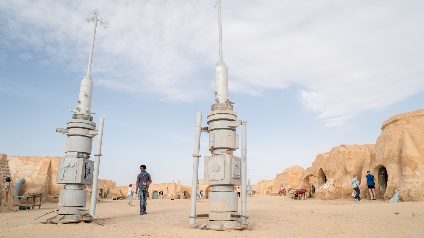 Tatooine planet landscape abandoned sets for shooting Star Wars movie in Sahara desert. Sahara, Tunisia, May 2016
