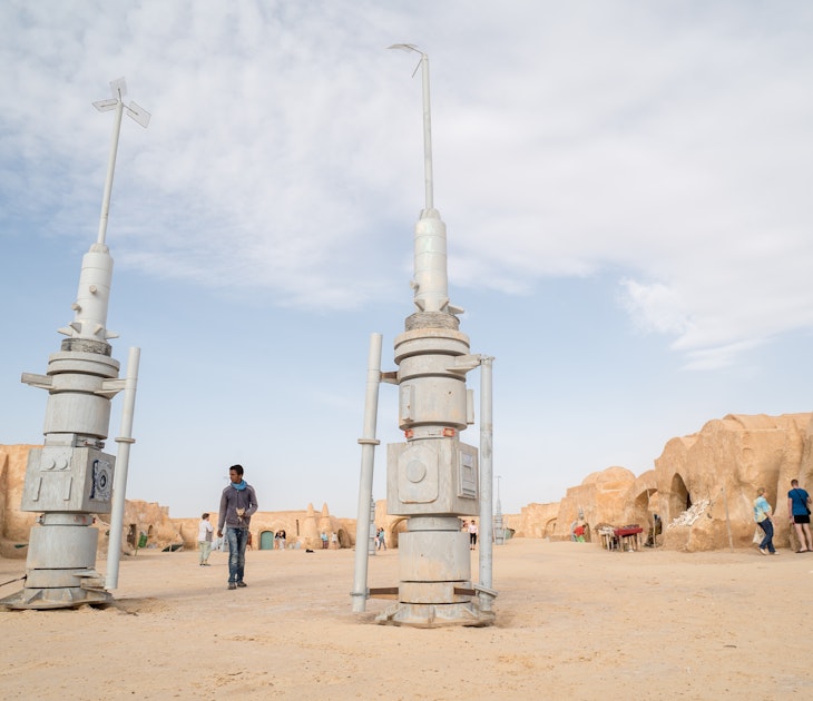 Tatooine planet landscape abandoned sets for shooting Star Wars movie in Sahara desert. Sahara, Tunisia, May 2016