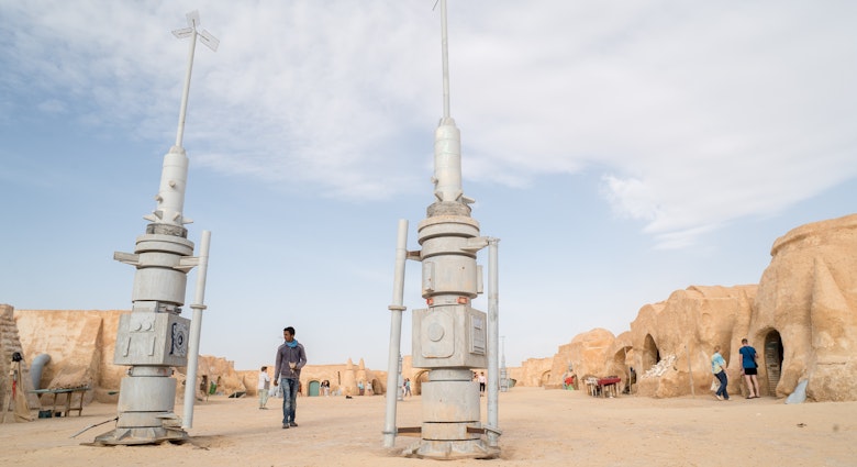 Tatooine planet landscape abandoned sets for shooting Star Wars movie in Sahara desert. Sahara, Tunisia, May 2016