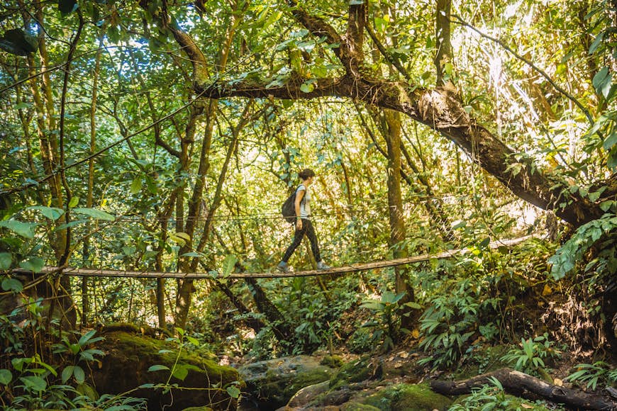 Una mujer cruza un puente colgante en el bosque de Yojoa, Parque Nacional Cerro Azul Mimbar (Panagam), América Central, Honduras