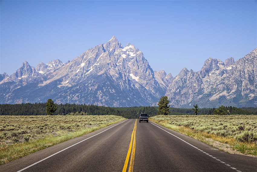 Summer highway views on a road trip in Grand Teton National Park, Teton County, Wyoming