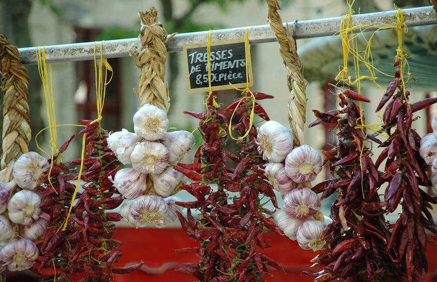 Garlic and chillies at a market in Uzès, France