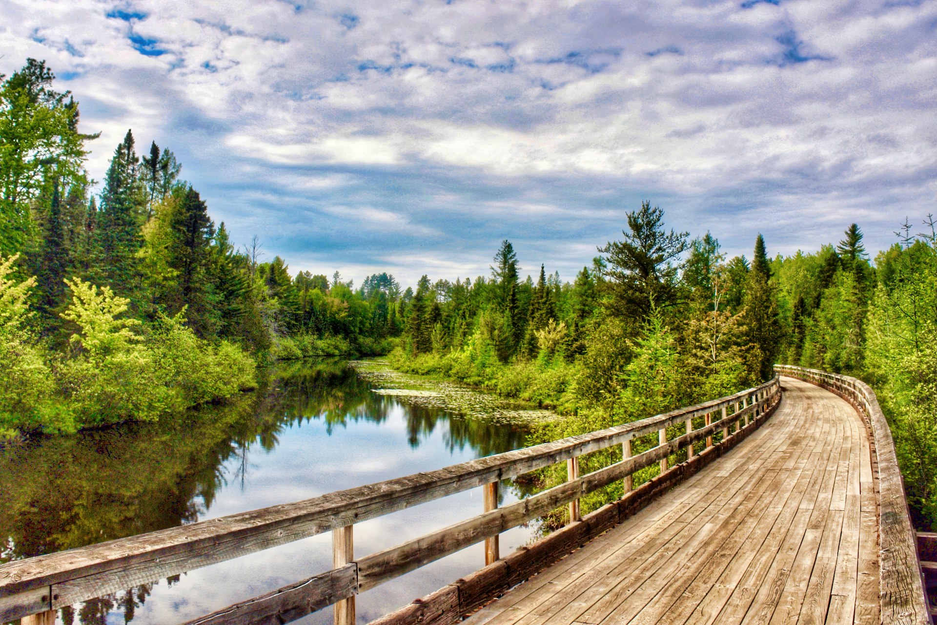 A bike trail across one of the trestles on the Bear Skin State Trail, south of Minocqua, Wisconsin, Great Lakes, USA