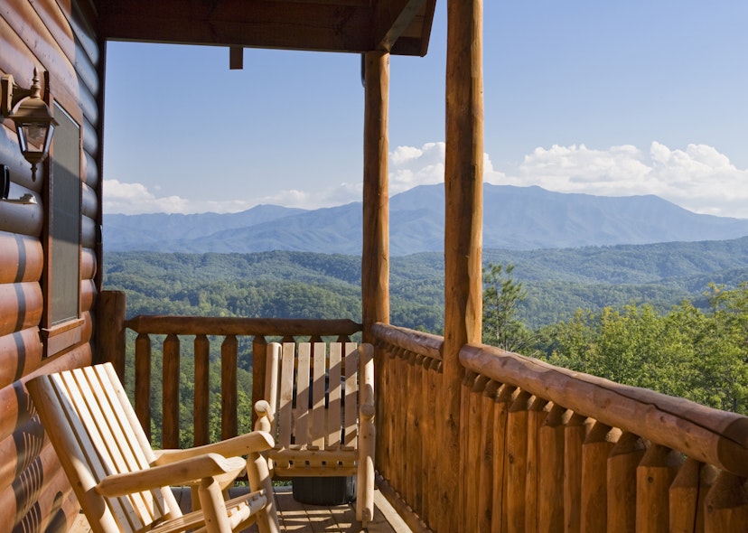 Rocking chairs invite relaxation with a view of the Smoky Mountains.