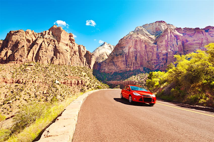 A car touring Zion National Park, Utah A car touring Zion National Park, Utah