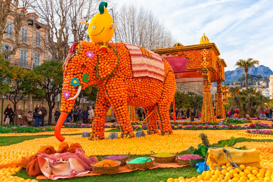 A large exhibition of citrus elephants as part of the Fête du Citron