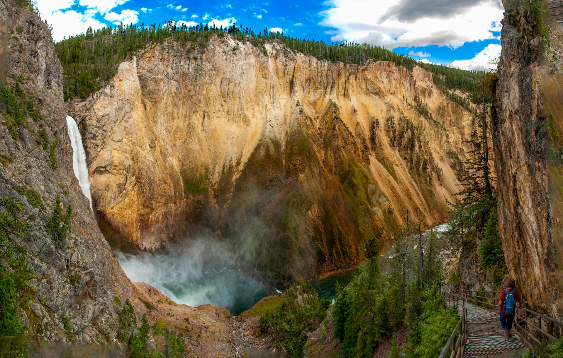 Panoramic view of the Lower Falls in Yellowstone National Park