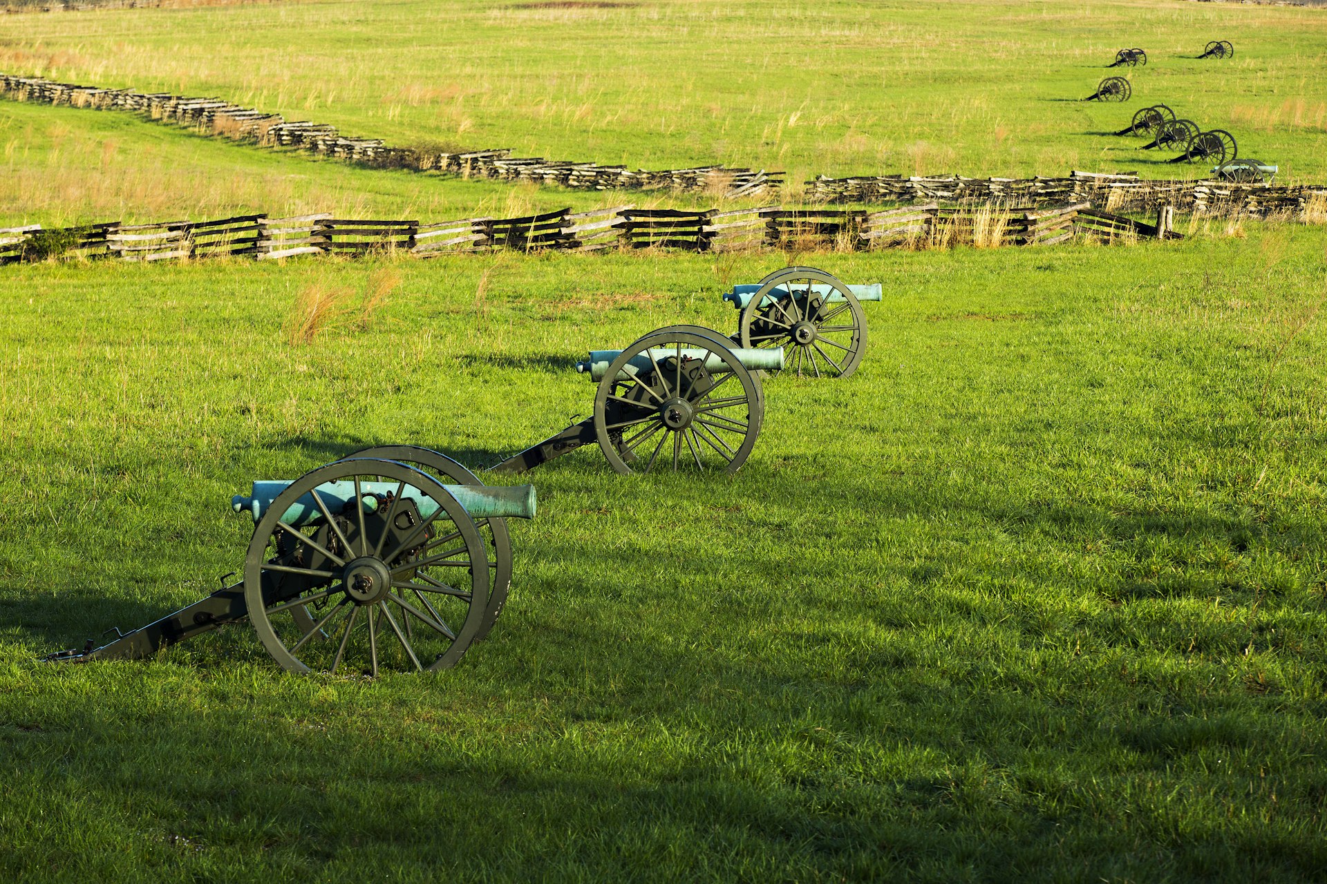 Reconstructed cannons in a field at Pea Ridge National Military Park in Arkansas, USA, the site of a Civil War battle