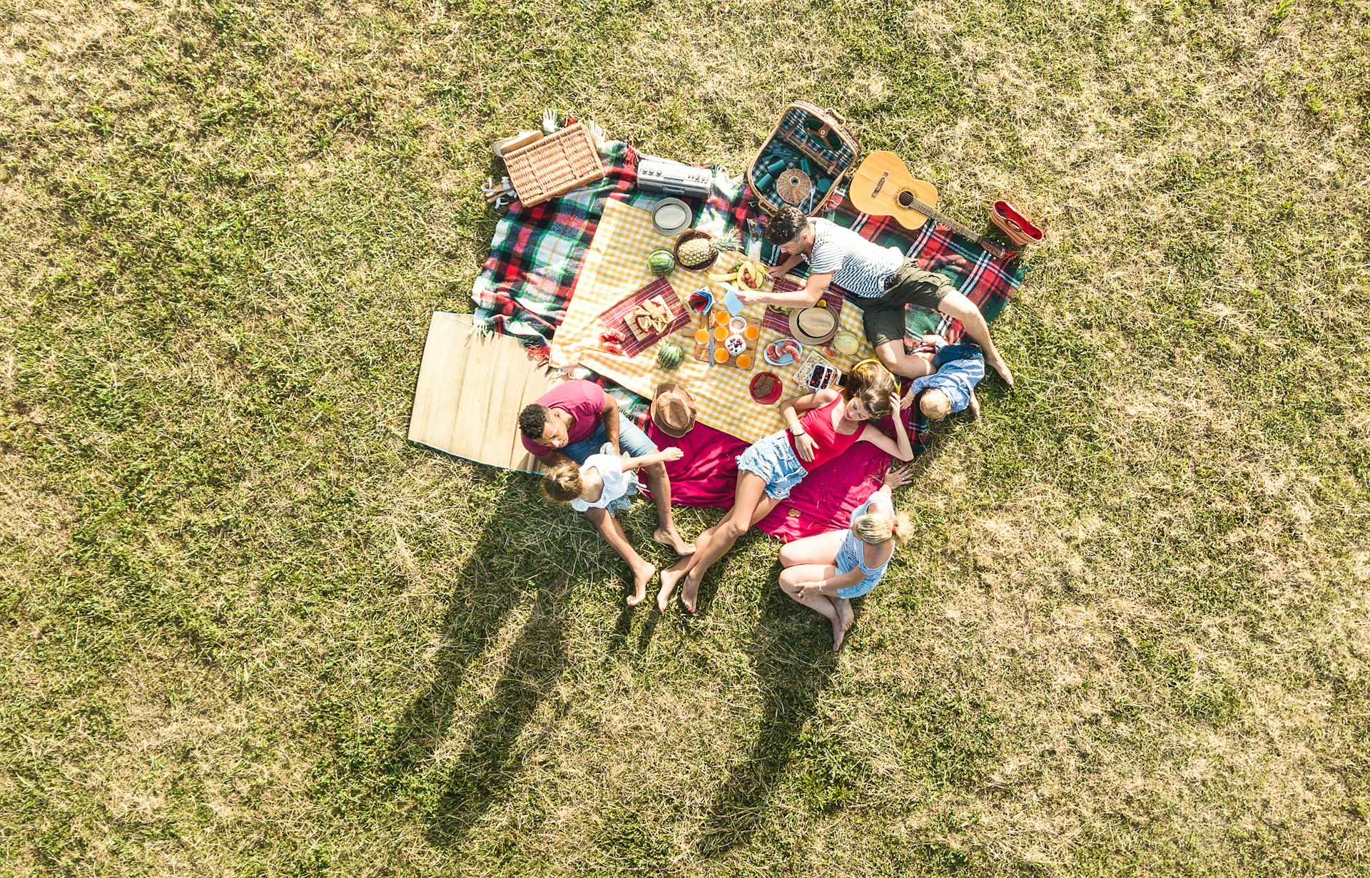 Aerial view of a picnic from a drone