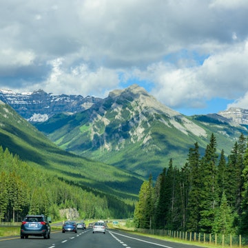 Traffic on Highway 1, a major east-west highway in Southern Alberta that forms a portion of the Trans-Canada Highway.